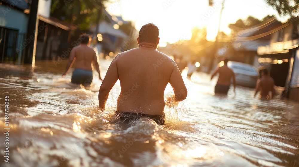 Residents navigate through deep floodwaters while the sun sets Residents navigate through deep floodwaters while the sun sets