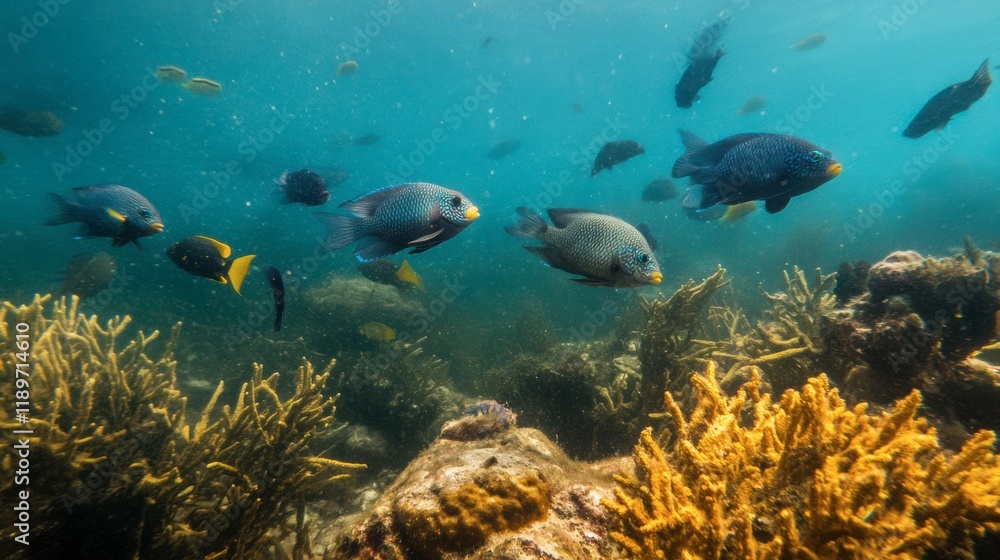 Fototapeta premium A lush underwater scene featuring colorful cichlids swimming near a coral reef in Lake Malawi