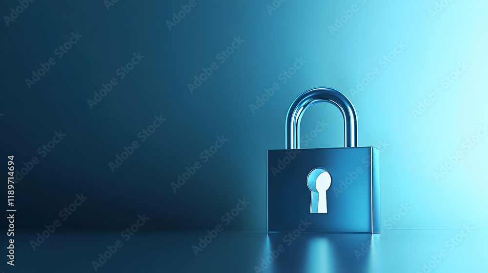 Cybersecurity concept illustrated by a bold metallic blue 3D lock with a glowing white keyhole and a soft gradient background Cybersecurity concept illustrated by a bold metallic blue 3D lock with a glowing white keyhole and a soft gradient background