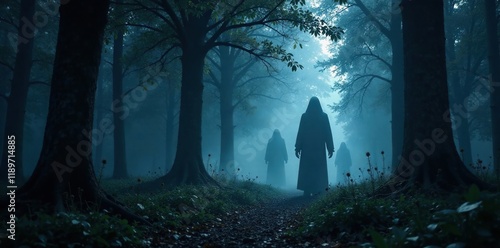 Ghostly figures lurking in the shadows dark mysterious forest, haunted, woods photo