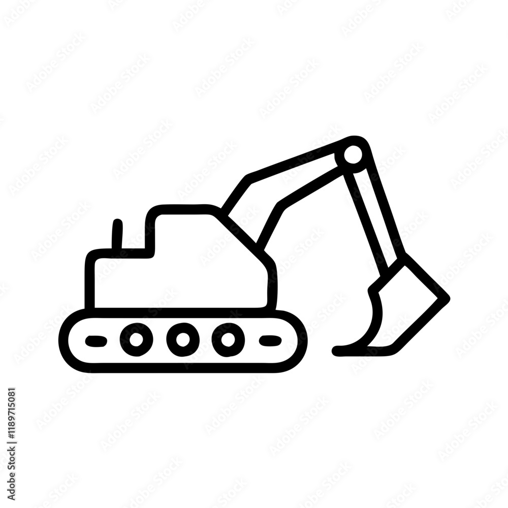Outline illustration of excavator with arm and bucket on tracks. Outline illustration of excavator with arm and bucket on tracks.