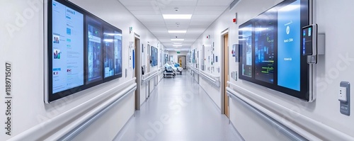 Hospital ward with interactive digital walls for patient engagement and distraction