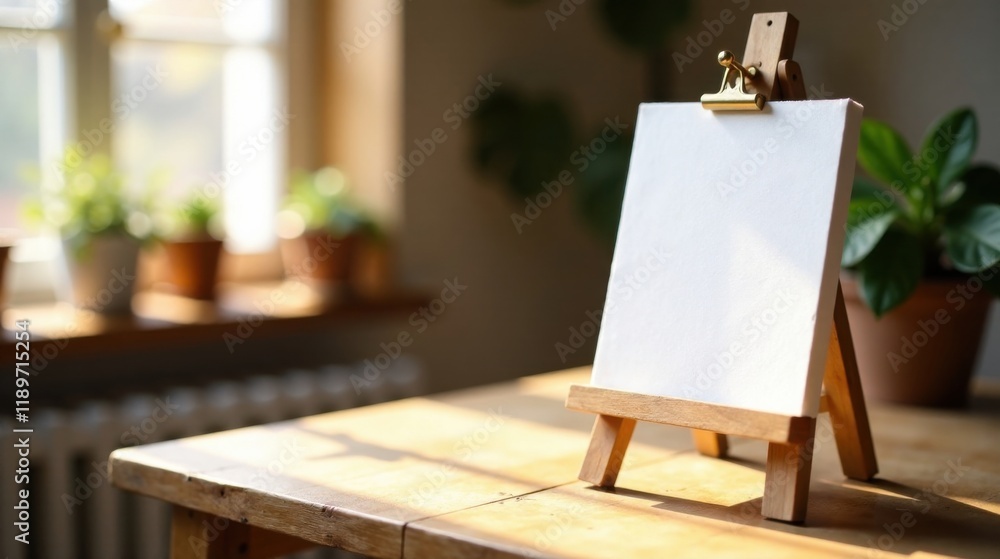 A blank canvas on a small wooden easel sits on a sunlit table near potted plants A blank canvas on a small wooden easel sits on a sunlit table near potted plants