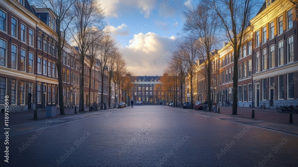 Fototapeta premium Charming empty street in quaint european city on a clear winter day