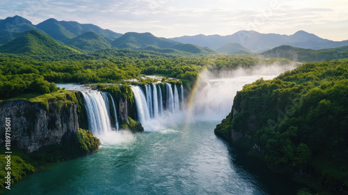 Cascading waterfall surrounded by lush greenery