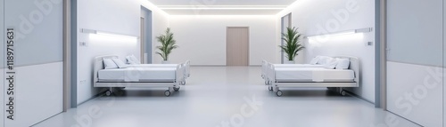 Modern hospital ward with clean, minimalistic design, white walls and soft lighting, showcasing a calm healing environment photo