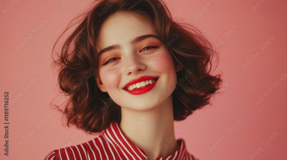 Young female with short hair smiling against a pink background Young female with short hair smiling against a pink background