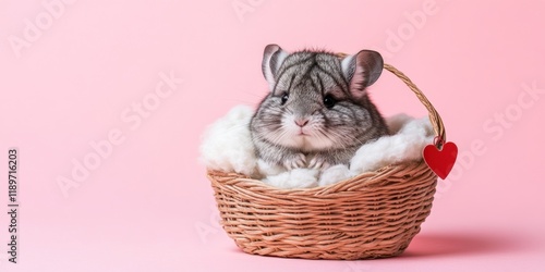 Adorable fluffy gray chinchilla nestled in a wicker basket with heart on pink background photo