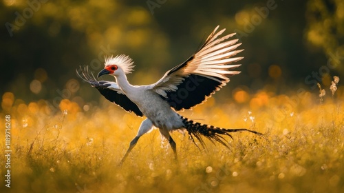 A secretary bird striding confidently through the grasslands, with its crest feathers flaring photo