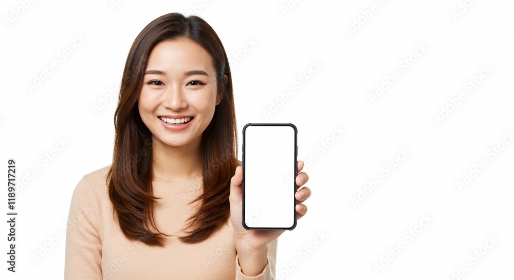 Studio shot of Beautiful Asian woman holding smartphone mockup of blank screen and smiling on white background.
Studio shot of Beautiful Asian woman holding smartphone mockup of blank screen and smiling on white background.