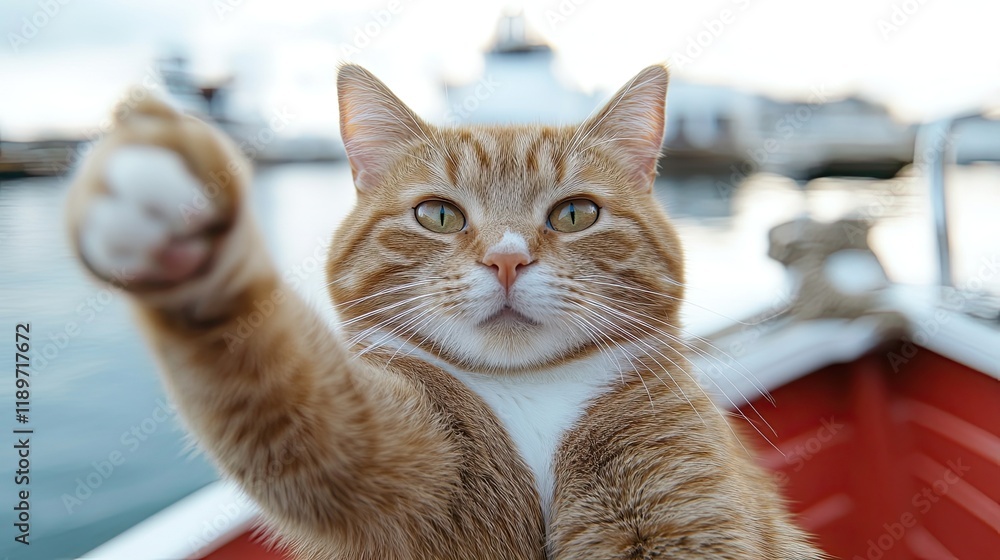 Funny cat taking selfie on a boat trip making selfie Funny cat taking selfie on a boat trip making selfie
