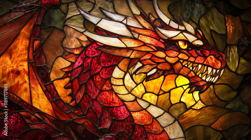 Fiery dragon in stained glass art with glowing orange and red tones