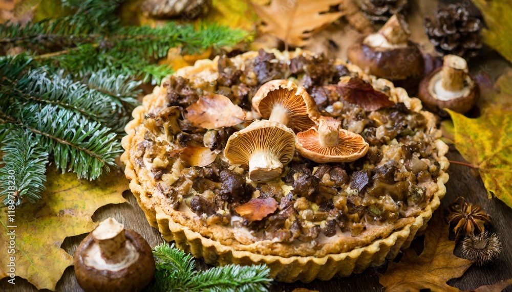 Fototapeta premium A Journey Through the Enchanted Forest with a Mushroom Forest Tart