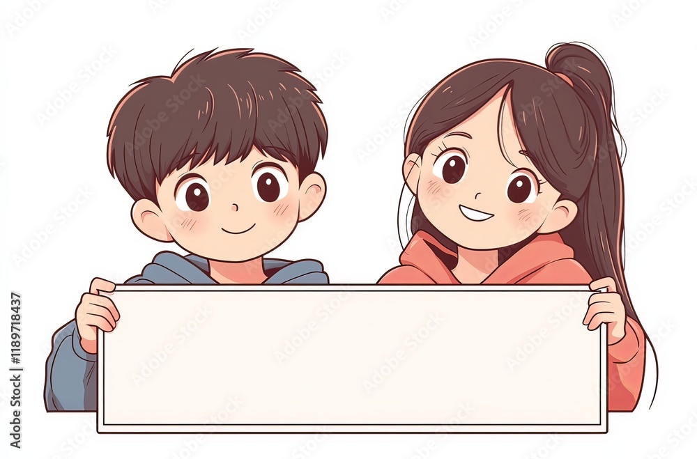 Sticker vector image of two cartoon people smiling and holding up a white board. Sticker vector image of two cartoon people smiling and holding up a white board.