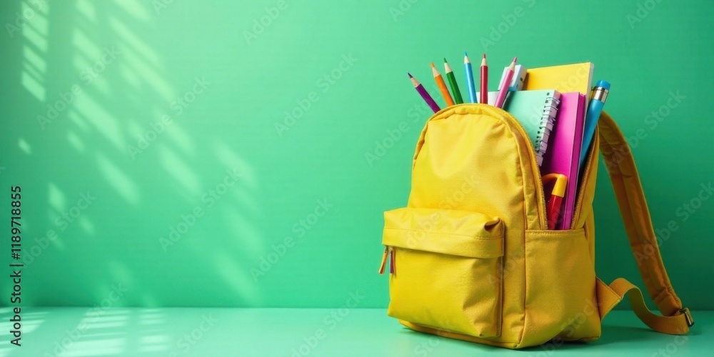 Bright Yellow Backpack Filled with Colorful School Supplies Against a Mint Green Background Bright Yellow Backpack Filled with Colorful School Supplies Against a Mint Green Background