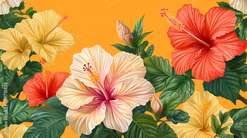 Wallpaper Mural Colorful hibiscus flowers with green leaves on orange background. Seapearl. Illustration Torontodigital.ca