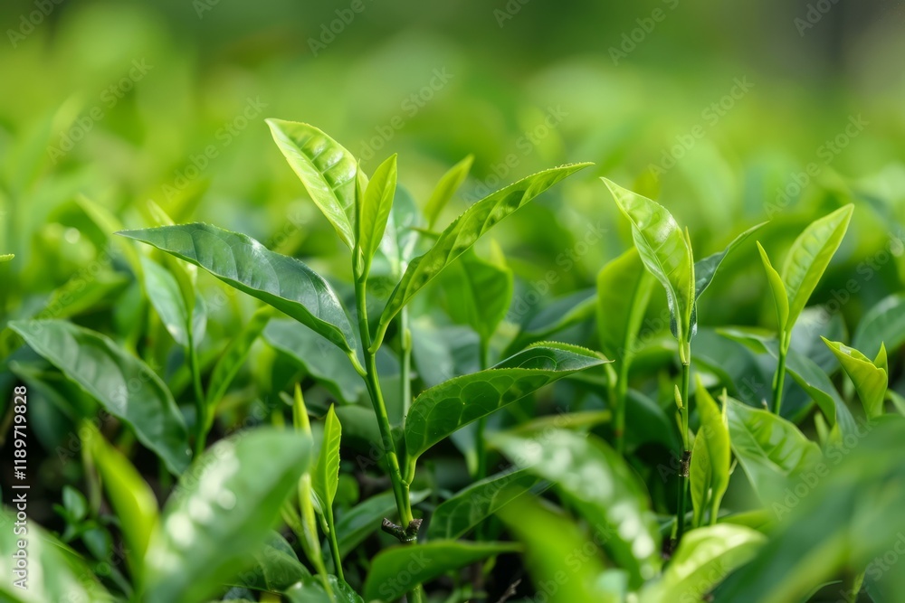 Close up of fresh green tea leaves growing on a plantation, bathed in sunlight Close up of fresh green tea leaves growing on a plantation, bathed in sunlight