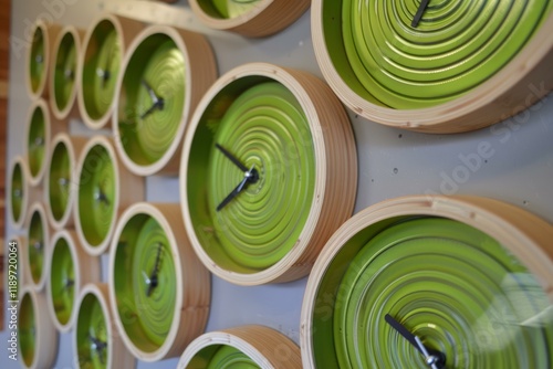 Round green clocks with wooden frames are hanging on a gray wall, each showing a slightly different time photo