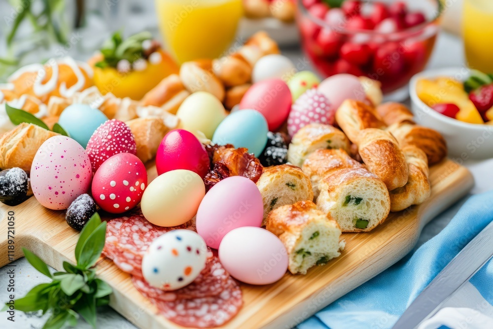 Beautiful Easter charcuterie board with decorated eggs, fresh fruit, and pastries, Beautiful Easter charcuterie board with decorated eggs, fresh fruit, and pastries,