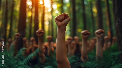 Raised fists in forest, environmental protest.