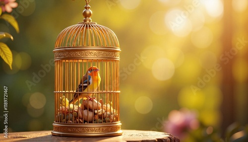 Beautiful bird perched in a golden cage with soft bokeh background in warm sunlight