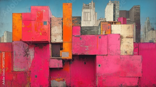 Abstract urban composition with vibrant colors and geometric shapes.