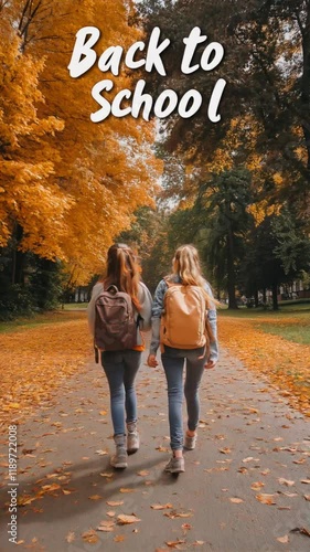 Two kids walking to school on an autumn day