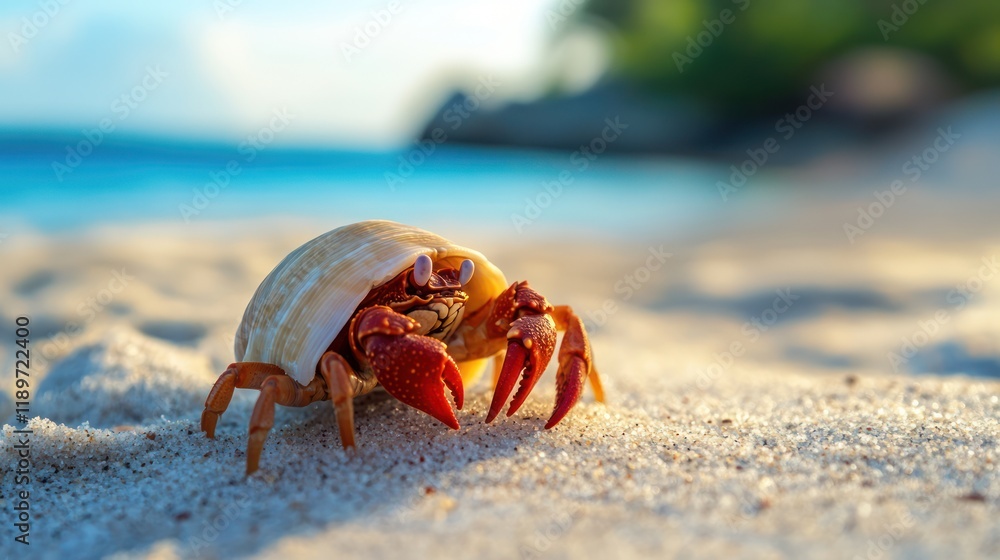 Red hermit crab in shell on sandy beach at sunset. Red hermit crab in shell on sandy beach at sunset.