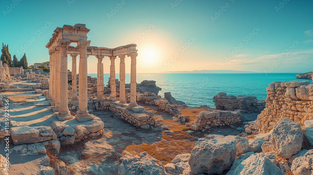 Fototapeta premium Photo location in jews era, ancient buildings and pillars at the seaside, historical document, ruins, ancient world, wide shot, panorama.