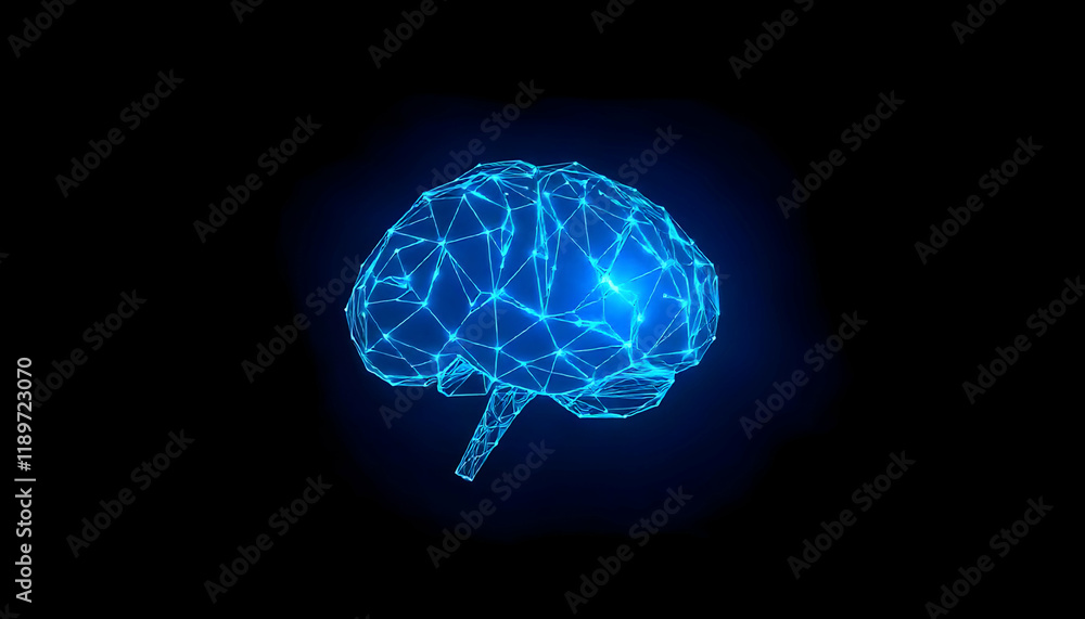 Low poly brain or Artificial intelligence concept. Symbol of Wisdom point. Abstract vector image of a human Brine. Low Polygonal wireframe blue illustration on dark background. Lines and dots. See Les