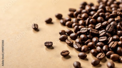 Aromatic Roasted Coffee Beans Scattered on a Neutral Background, Ready for Brewing a Delicious Beverage