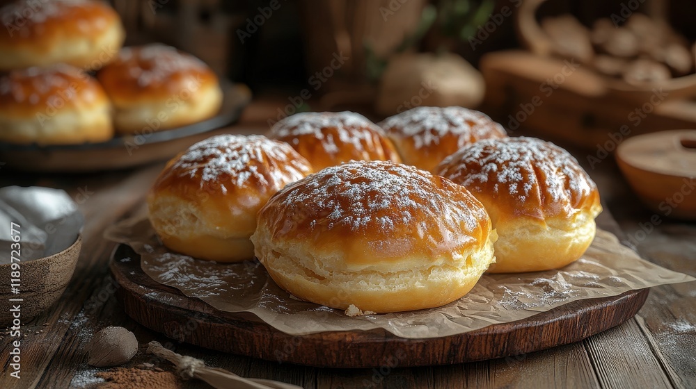 Freshly baked sweet buns with powdered sugar on wooden table Freshly baked sweet buns with powdered sugar on wooden table