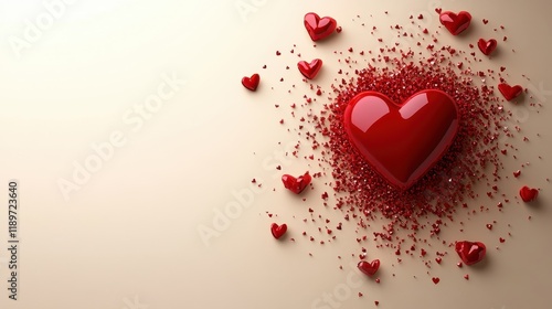 Glossy red hearts surrounded by smaller hearts on beige background