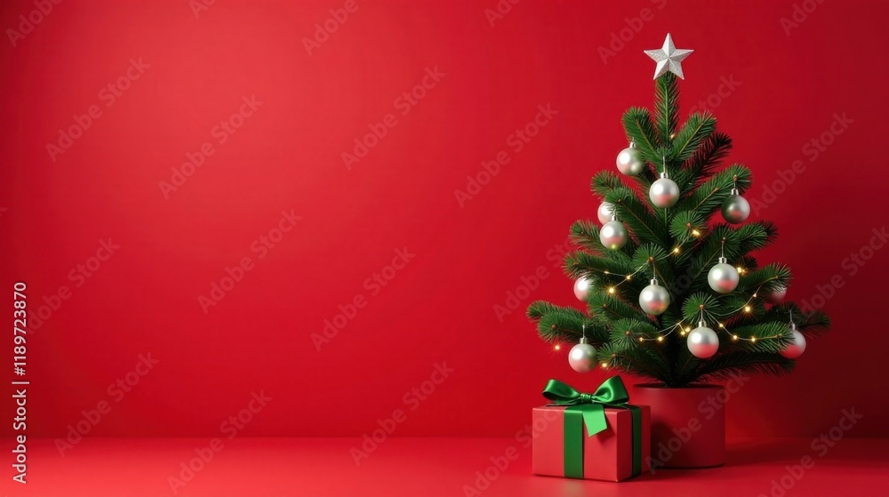 A Festive Miniature Christmas Tree with a Single Gift on a Red Background A Festive Miniature Christmas Tree with a Single Gift on a Red Background