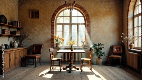 Wallpaper Mural Sunlit Rustic Interior A Charming Dining Space with Wooden Furniture and Sunbeams Streaming Through an Arch Window Torontodigital.ca
