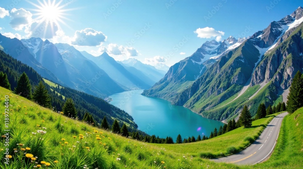 Obraz premium Serene Mountain Lake and Winding Road Landscape Featuring Lush Green Meadows, Sunlit Peaks, and a Picturesque Vista
