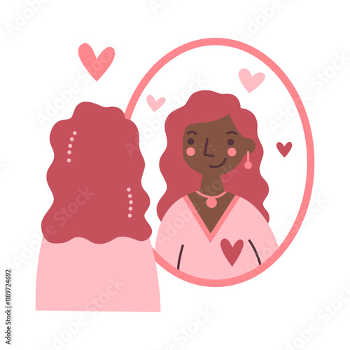 Black woman looks at herself in the mirror with hearts. Self acceptance and care. Mental health and inner peace, self love, harmony and embracing identity concept. Vector flat illustration.