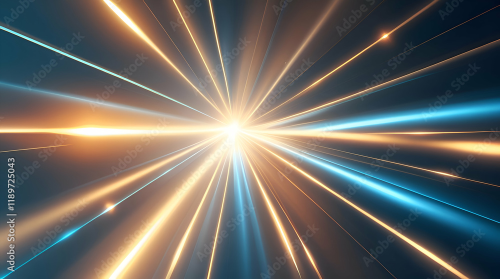 Obraz premium Vibrant light rays emanating from a central point, creating a dynamic abstract effect with orange and blue streaks on a dark background.
