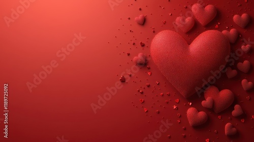 Cluster of red textured hearts on gradient red background