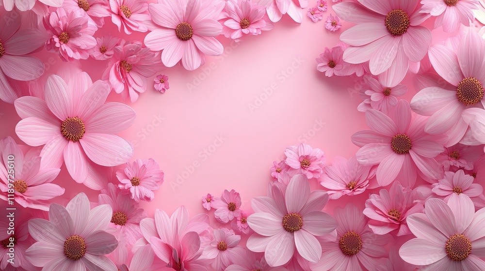 Fototapeta premium Pink cosmos flowers forming a vibrant floral frame on pastel background