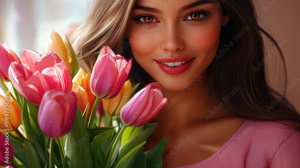 Young woman smiling with colorful tulips Young woman smiling with colorful tulips