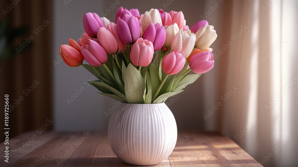 Elegant bouquet of pink and white tulips in a white vase on a wooden table Elegant bouquet of pink and white tulips in a white vase on a wooden table