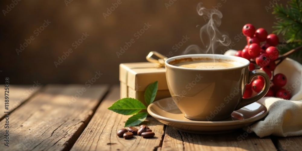 Fototapeta premium Aromatic Coffee in a Warm Mug with Festive Accents on Rustic Wood