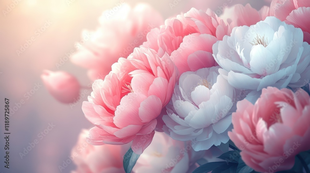 Soft pink and white peonies in bloom with gentle light Soft pink and white peonies in bloom with gentle light