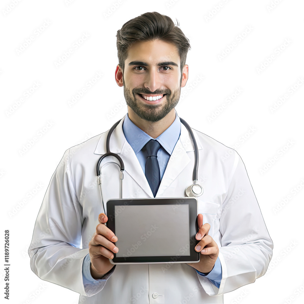 A young and handsome doctor stands confidently in his white coat presenting a horizontal art scale with a welcoming smile in a clinical environment A young and handsome doctor stands confidently in his white coat presenting a horizontal art scale with a welcoming smile in a clinical environment