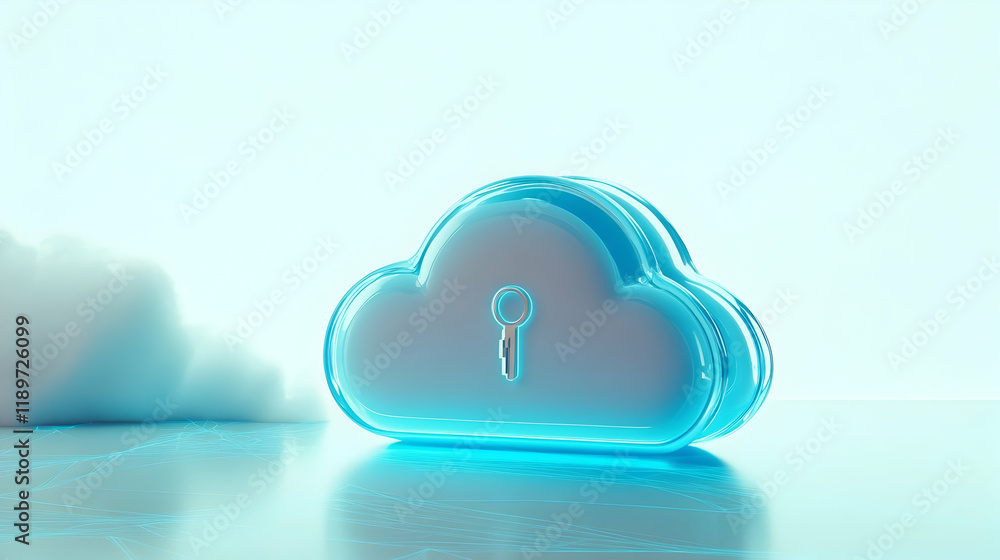 Cloud encryption concept visualized by a sleek cloud icon with a glowing blue outline and embedded with a metallic keyhole Cloud encryption concept visualized by a sleek cloud icon with a glowing blue outline and embedded with a metallic keyhole