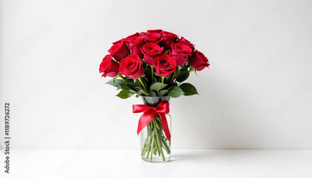 Fototapeta premium Red roses bouquet in glass vase with ribbon