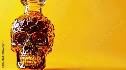 Unique skullshaped bottle filled with amber liquor on bright yellow background, background skullshaped bottle filled with amber liquid on yellow background photo