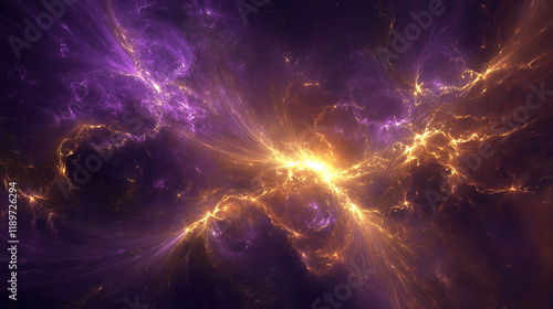 Glowing cosmic nebula with purple and gold energy waves
