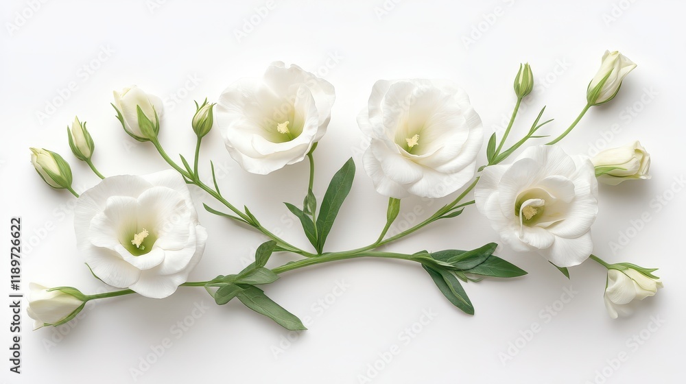 Elegant white flowers arrangement with green leaves on white background Elegant white flowers arrangement with green leaves on white background
